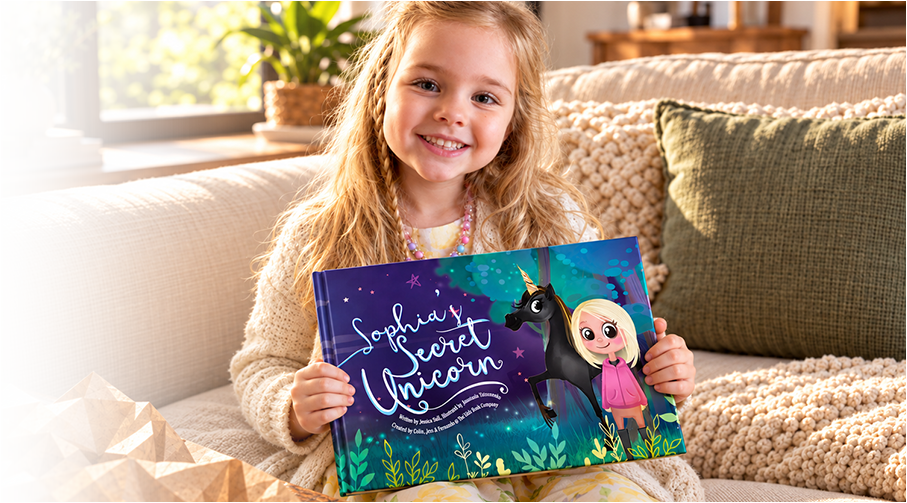 A child holding their personalised book, My Secret Unicorn