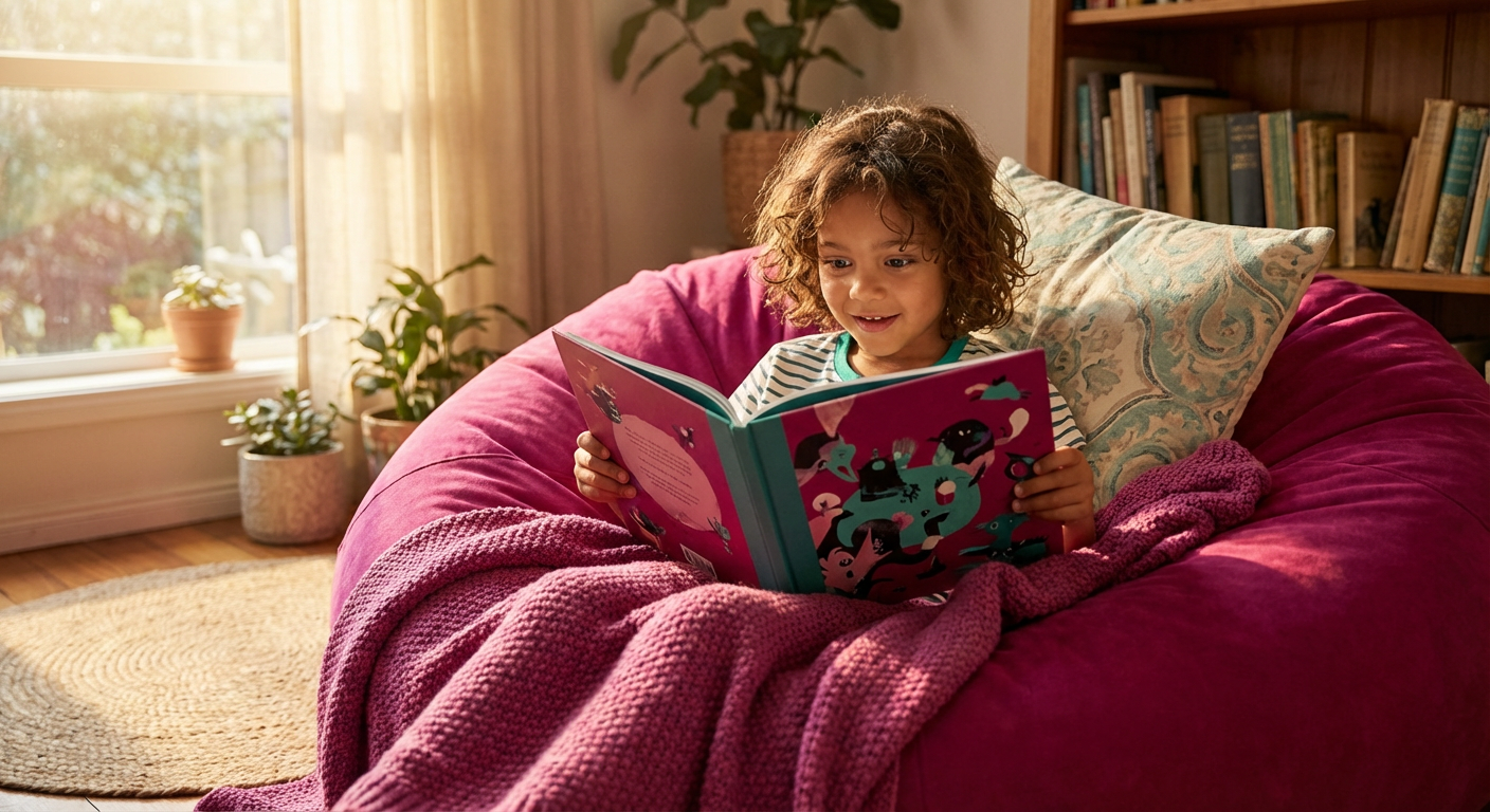 Young child reading personalised book with their name on the cover, face full of wonder and engagement