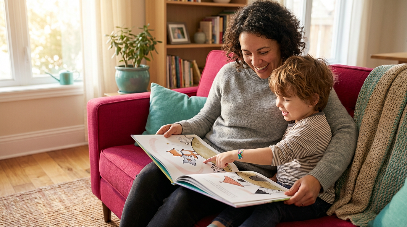 Parent and child reading together on couch, child pointing excitedly at personalised elements in the book