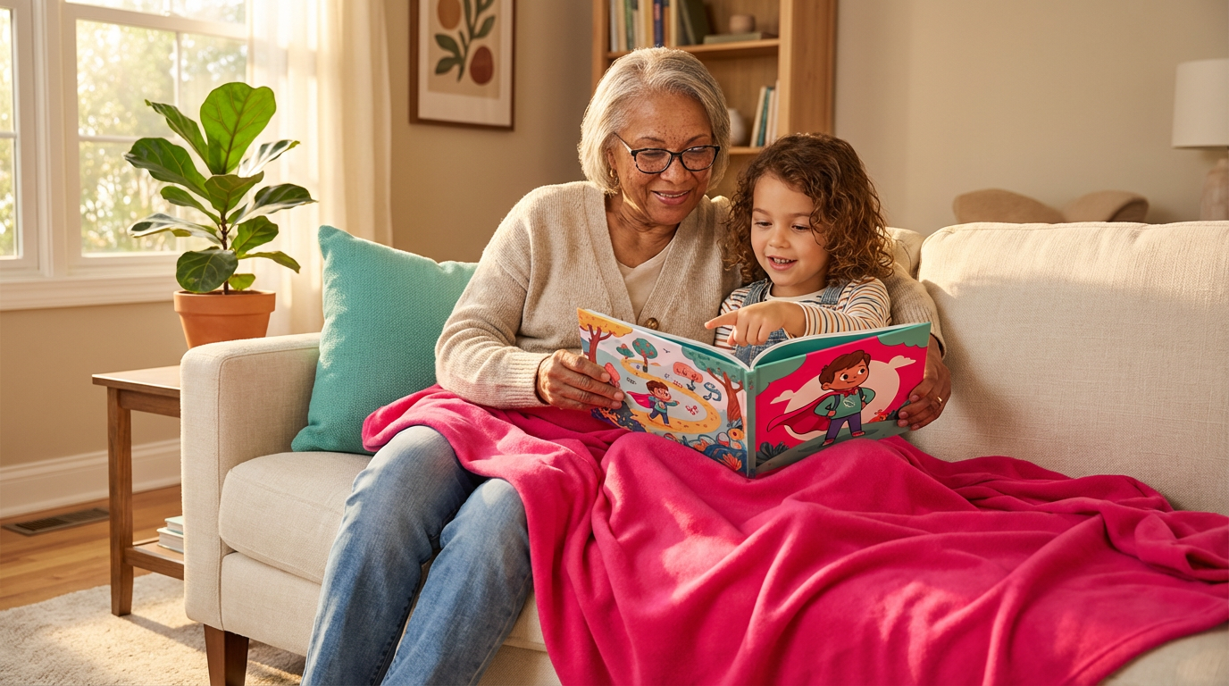 Grandparent and grandchild reading personalised book together, both smiling