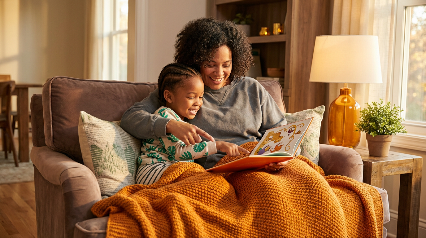 Cosy parent and child reading together in warm lighting, showing engaged connection and joy during daily reading time
