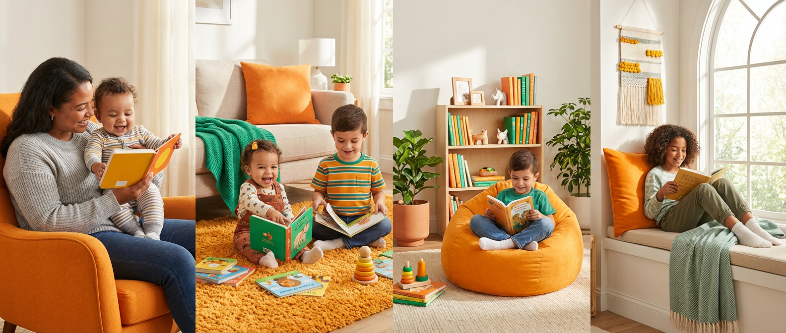 Age-progression visual showing appropriate books and reading environments from baby to age nine, demonstrating evolving reading routine practices