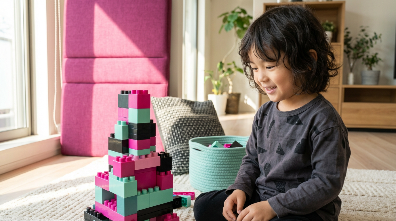 Young child engaged in imaginative play with building blocks, creating an elaborate structure