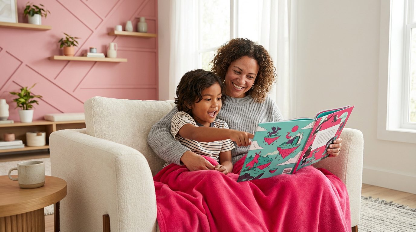 Parent and child reading together, child pointing excitedly at illustrations in a colourful picture book