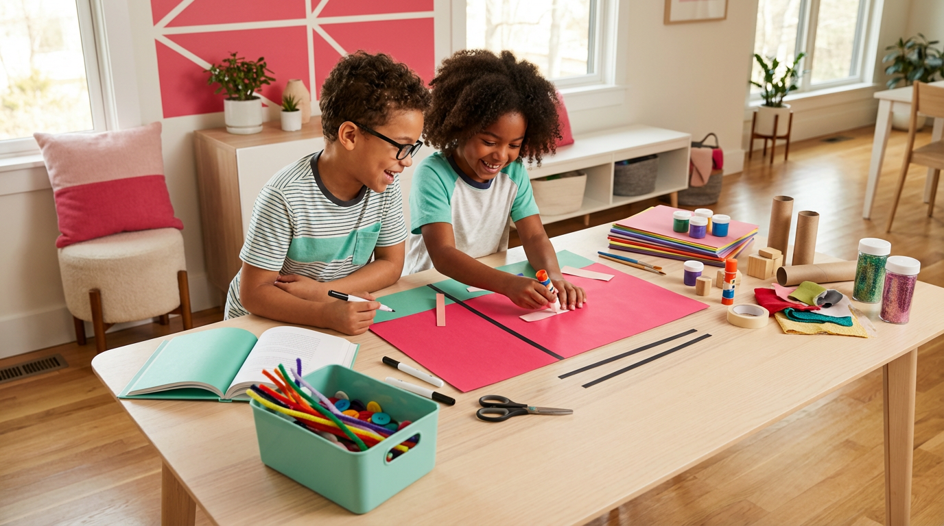 Children working collaboratively on a creative project, surrounded by art supplies and construction materials