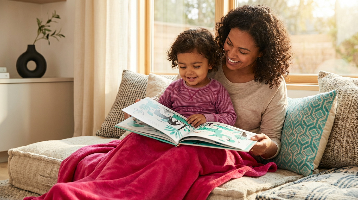 Young child aged 2-3 sitting with parent reading a colourful picture book together, both smiling and engaged