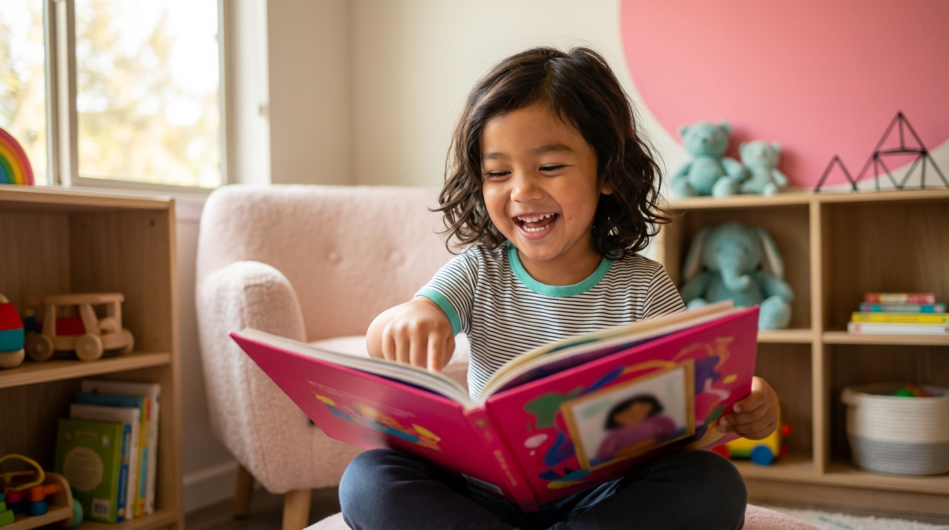 Four-year-old child pointing excitedly at letters in a personalised book featuring their name and photo