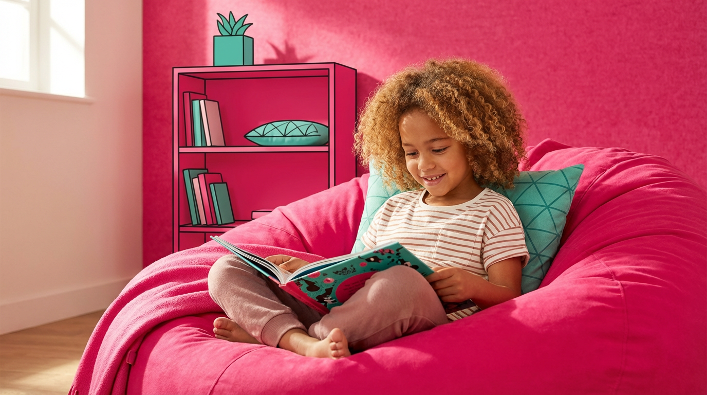 Eight-year-old child reading independently in a cosy reading nook, completely absorbed in their book