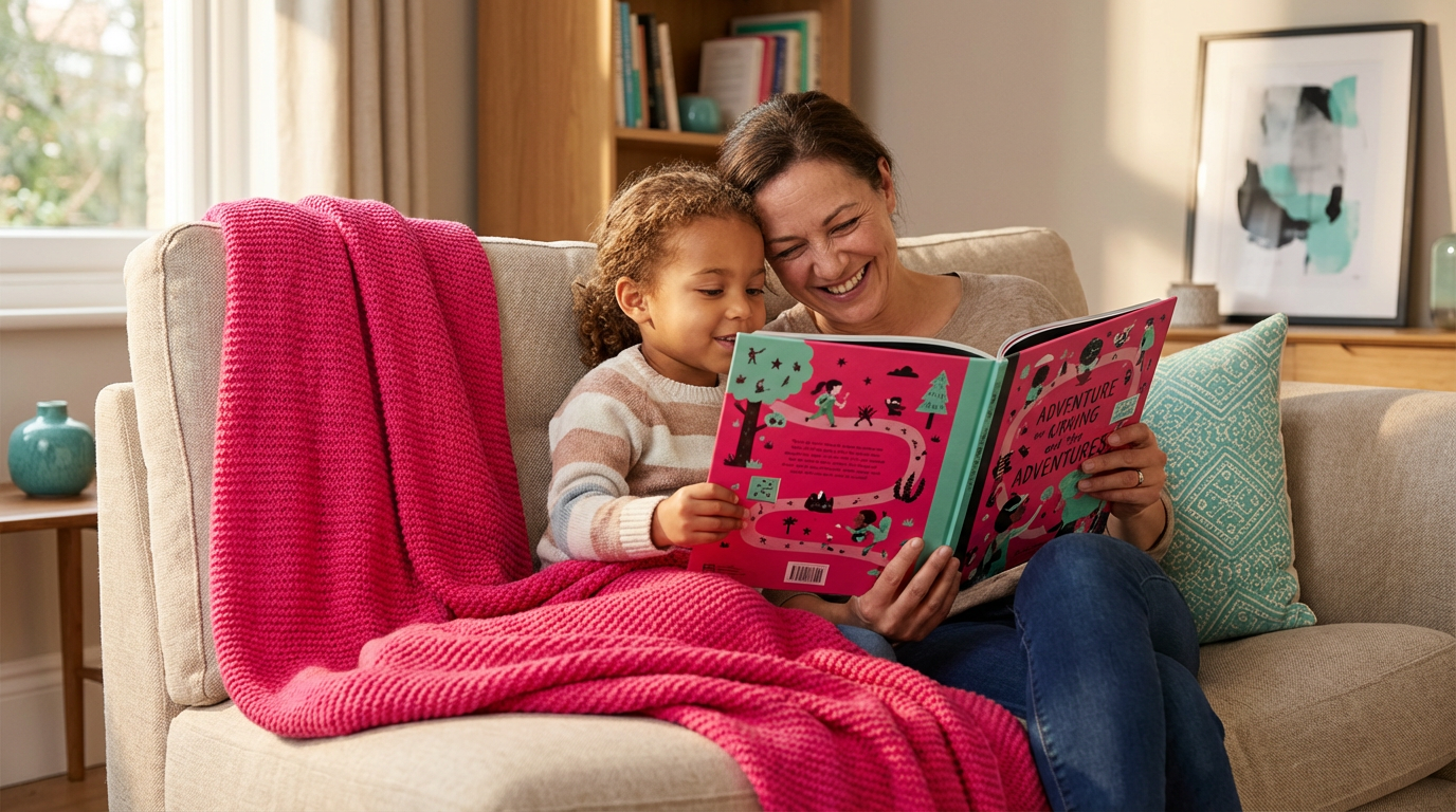 Parent and child reading a colourful personalised book together on a cosy sofa