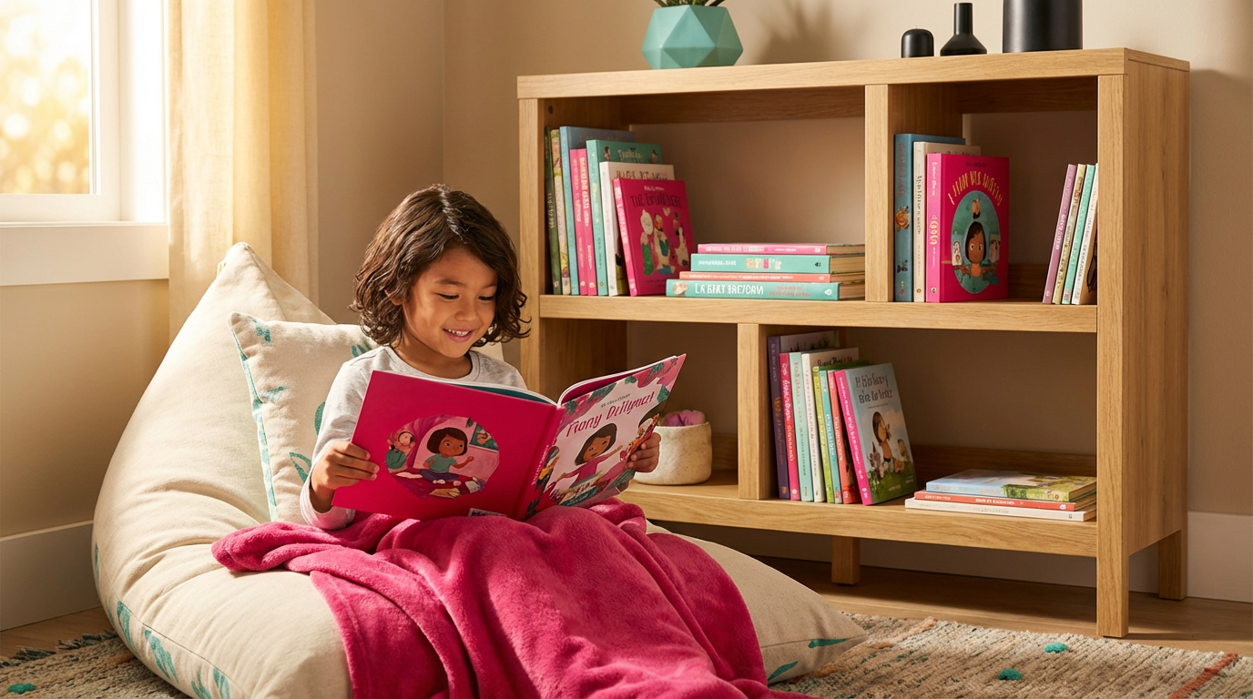 Collection of beautifully illustrated personalised children's books displayed on a wooden shelf
