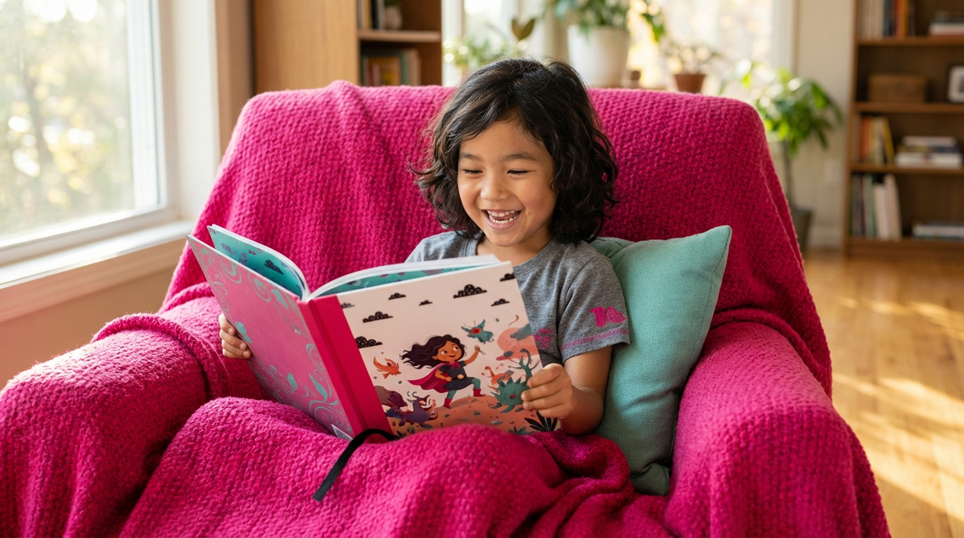 Child's face lighting up with joy whilst reading a personalised book featuring themselves as the hero