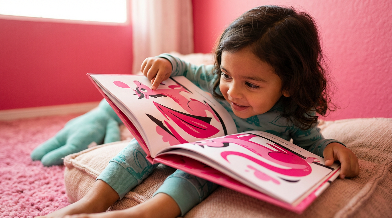 Young child looking at personalised book with their name, expression of wonder and recognition