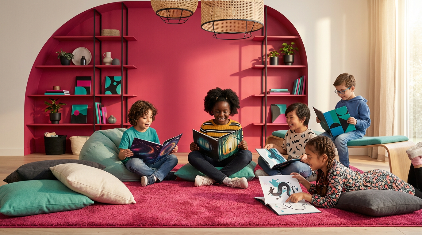 Collection of diverse children reading personalised books featuring characters that reflect their identities