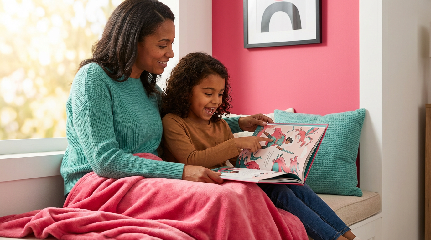 Parent and child reading personalised adventure book together, child pointing excitedly at their name in the story
