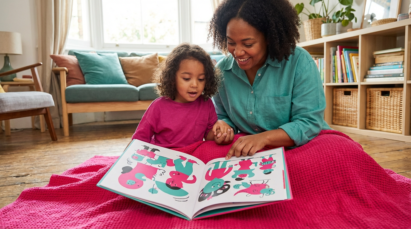 Toddler sitting with parent looking at colourful picture book together, showing early literacy engagement