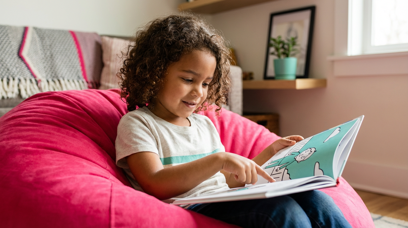 Child aged 6-7 reading a book independently with focused expression, demonstrating decoding skills