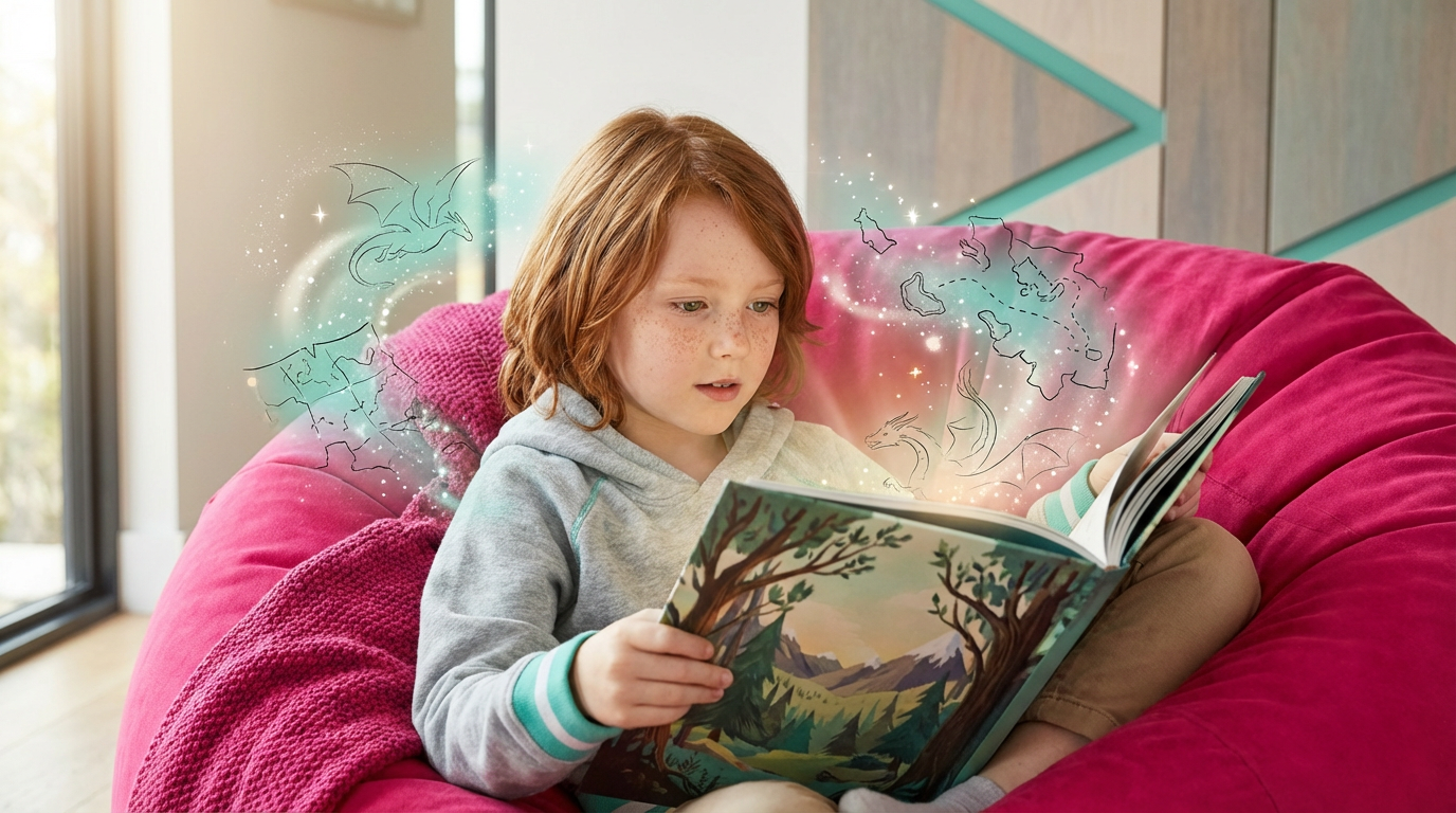 Child reading a personalised adventure book with determined expression