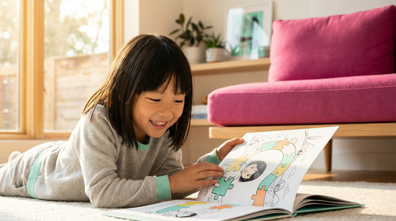 Personalised book showing child character solving a puzzle or overcoming an obstacle