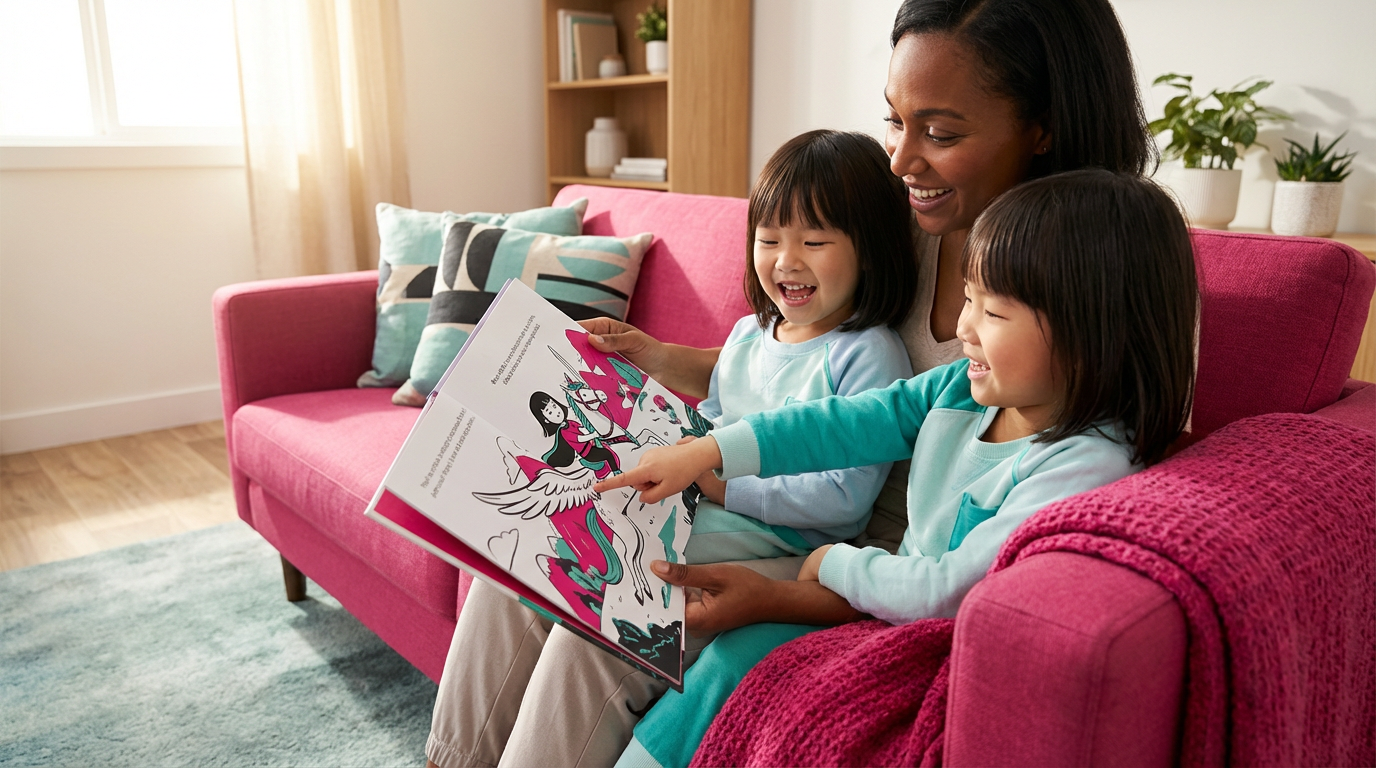 Parent and child discussing a personalised book together, child pointing at page