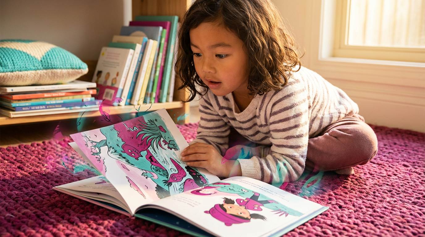 Child reading personalised book with their photo and name integrated throughout colourful story pages