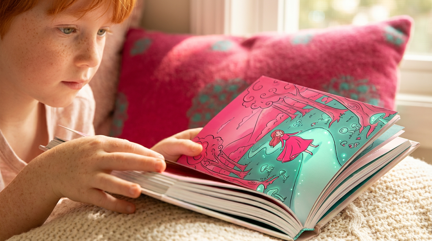 Close-up of high-quality hardcover personalised book showing premium binding and vibrant illustration details