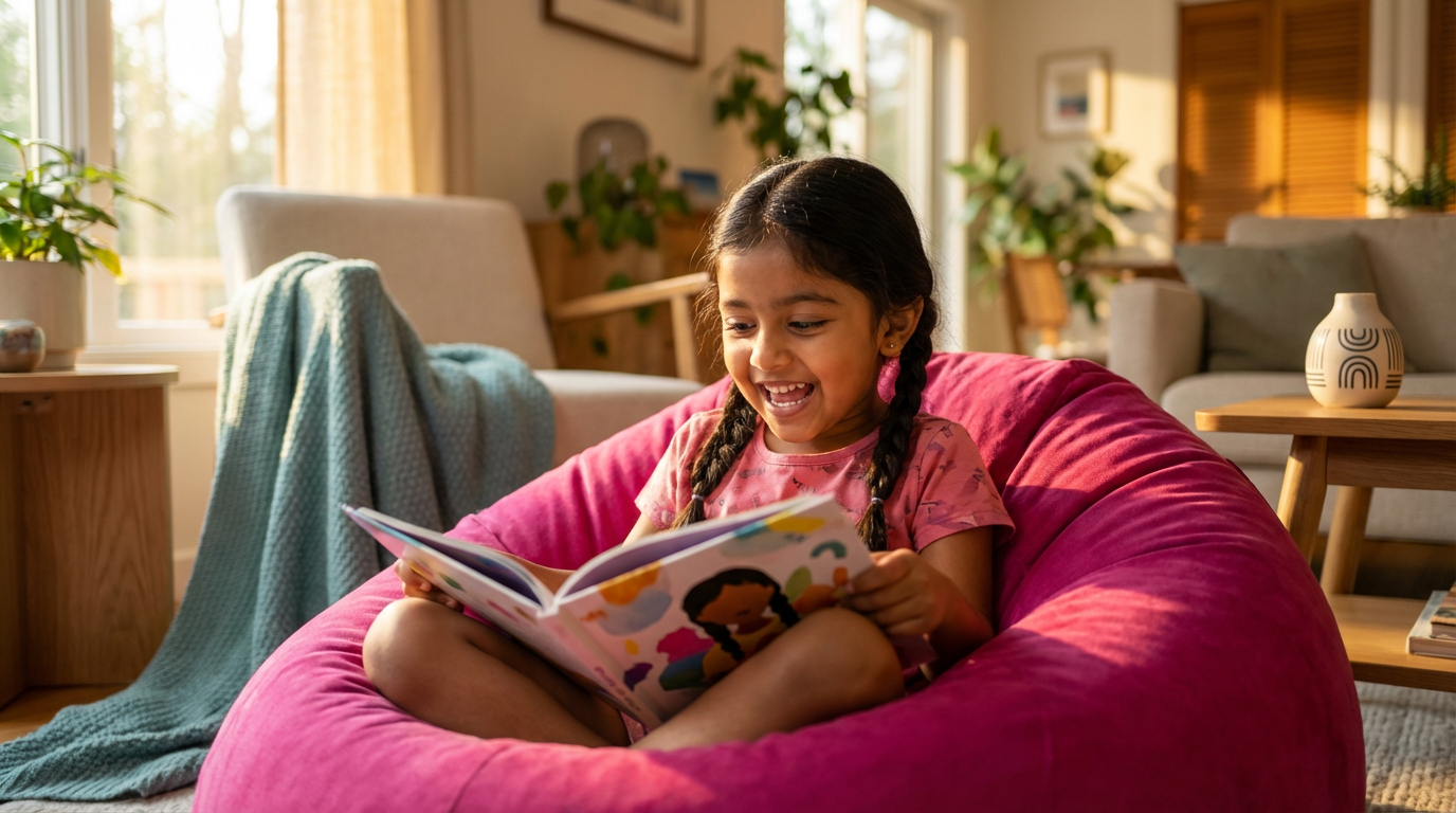 Child reading a personalised book with delight, completely engaged in the story