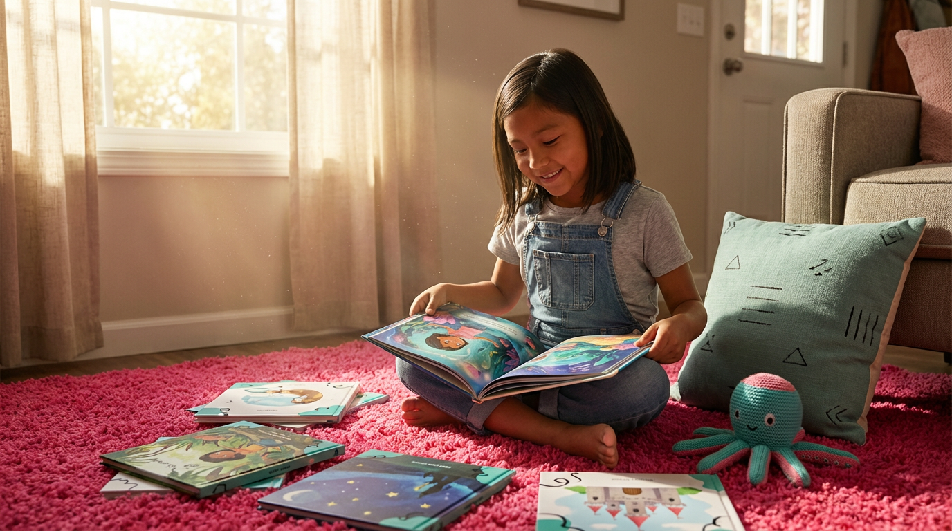 Various personalised books showing different children as protagonists in diverse adventures