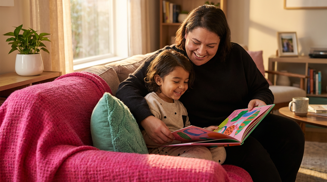 Parent and child reading together, both engaged and smiling