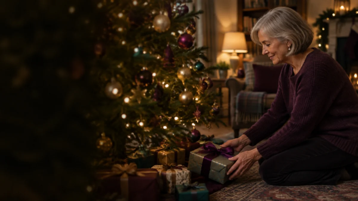 Illustration of an older woman kneeling by a lit Christmas tree, placing a present tied with a purple ribbon among the parcels