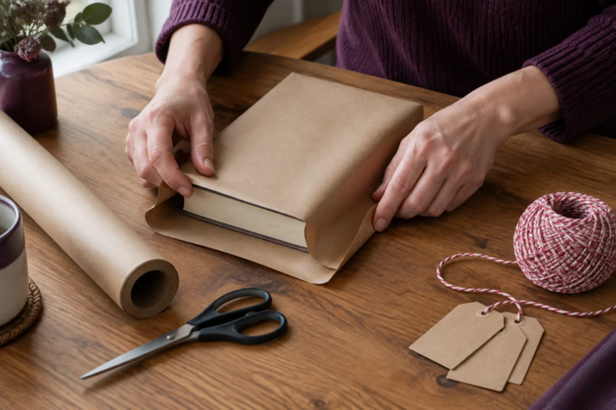 Illustration of hands wrapping a book in brown paper, with twine and blank gift tags
